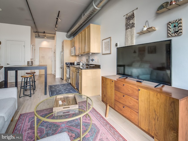 kitchen featuring appliances with stainless steel finishes, track lighting, and light hardwood / wood-style flooring