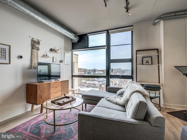 living room featuring a wall of windows and light hardwood / wood-style flooring