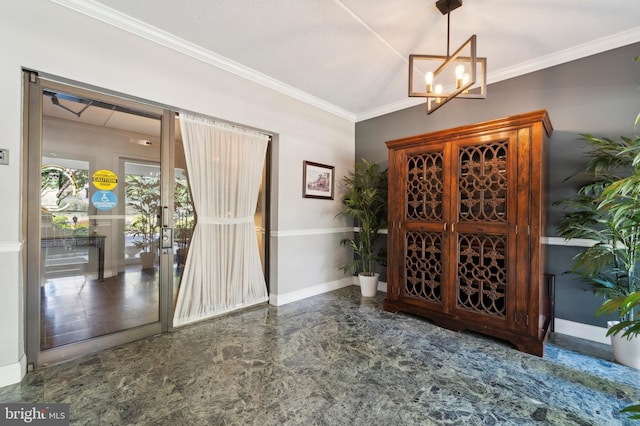 interior space featuring a textured ceiling, crown molding, and a notable chandelier