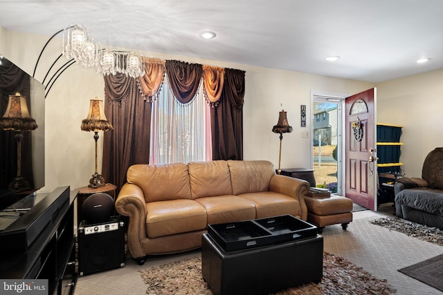 living room featuring light carpet