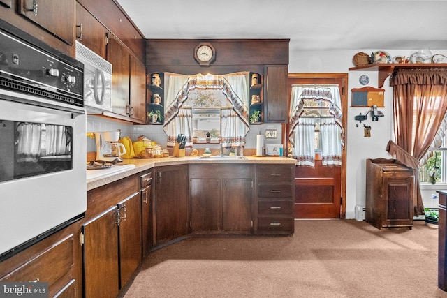 kitchen featuring dark brown cabinetry, white appliances, sink, and light colored carpet