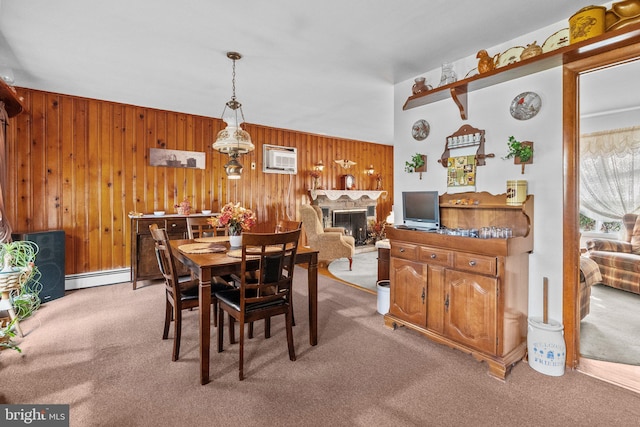 dining area with wood walls, plenty of natural light, carpet flooring, and a baseboard radiator