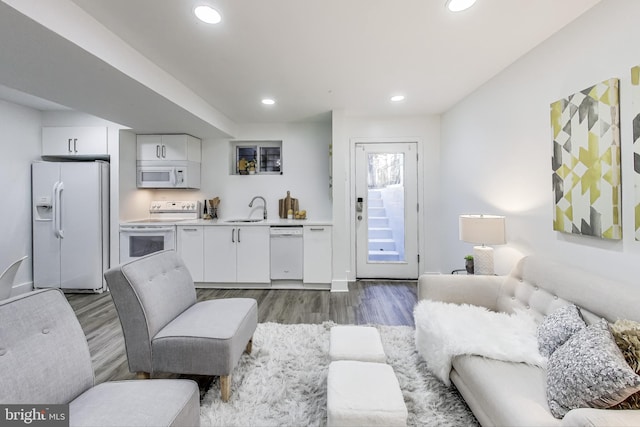 living room featuring dark wood-type flooring and sink