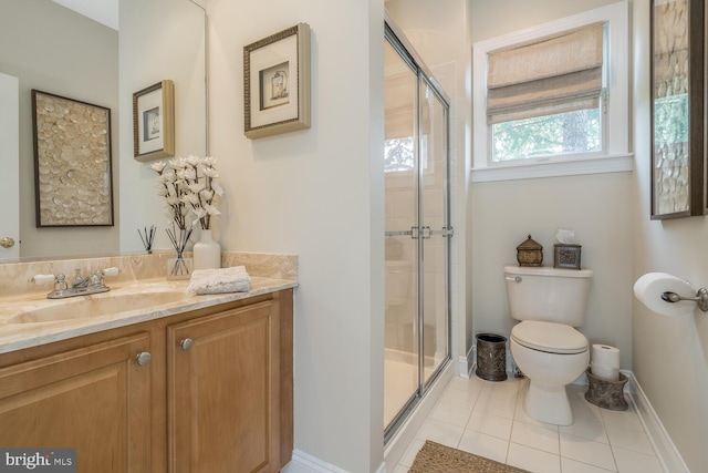 bathroom with toilet, a shower with door, vanity, and tile patterned flooring