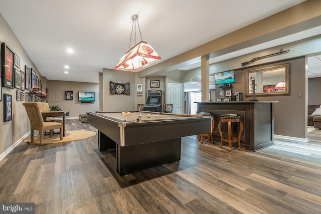 playroom with bar, dark hardwood / wood-style floors, and billiards