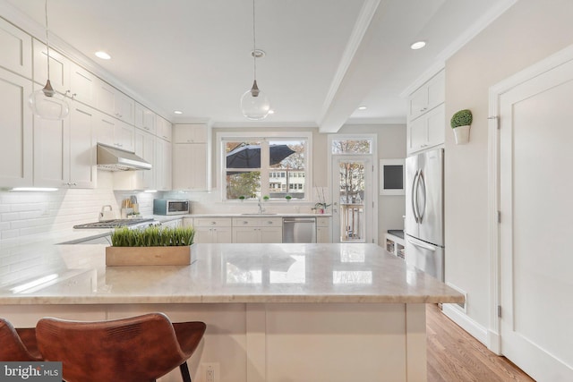 kitchen with appliances with stainless steel finishes, ventilation hood, decorative light fixtures, light hardwood / wood-style flooring, and white cabinets