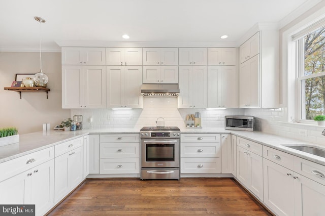 kitchen with white cabinetry, pendant lighting, dark hardwood / wood-style floors, and appliances with stainless steel finishes