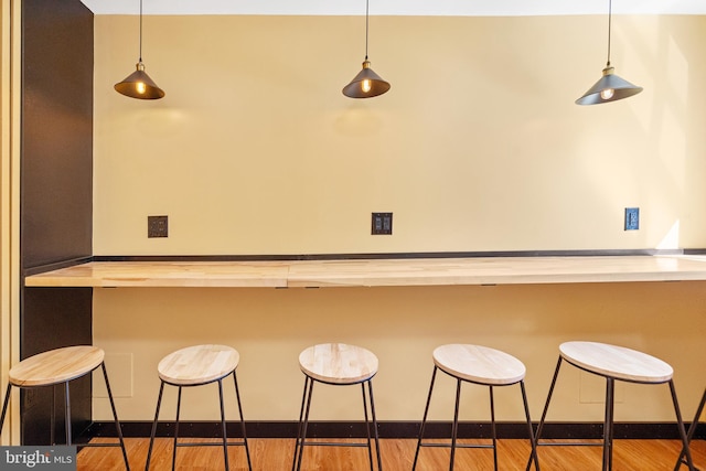 bar with light hardwood / wood-style flooring and wooden counters