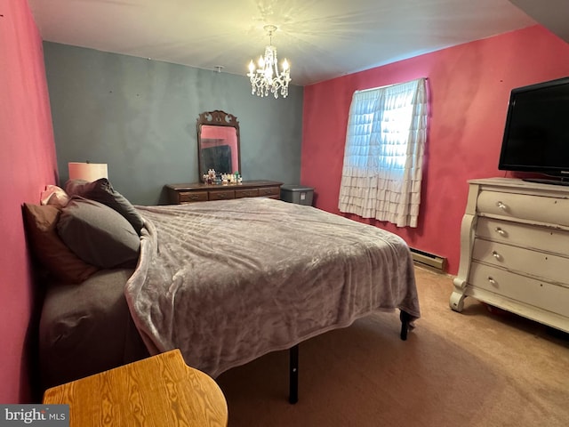 bedroom with a notable chandelier, light carpet, and a baseboard radiator