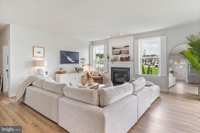 living room with light hardwood / wood-style flooring