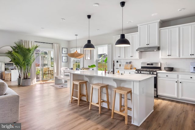 kitchen featuring white cabinets, an island with sink, stainless steel appliances, light hardwood / wood-style floors, and decorative backsplash