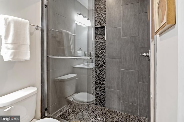 bathroom featuring toilet and a shower with door