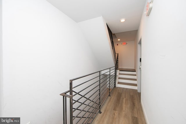 staircase with wood-type flooring