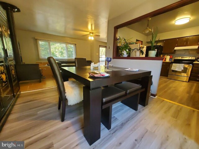 dining space featuring light wood-type flooring and ceiling fan