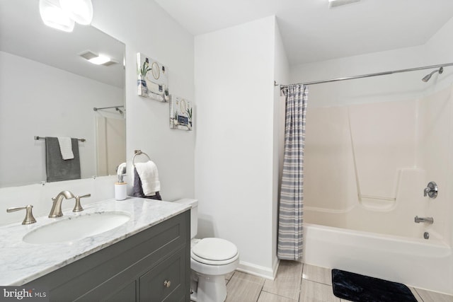 full bathroom with vanity, hardwood / wood-style flooring, toilet, and shower / bathtub combination with curtain