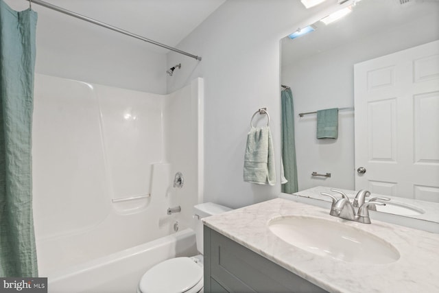 full bathroom featuring vanity, toilet, and shower / bathtub combination with curtain