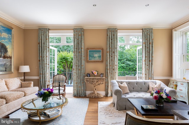 living room featuring light hardwood / wood-style flooring, ornamental molding, and a wealth of natural light