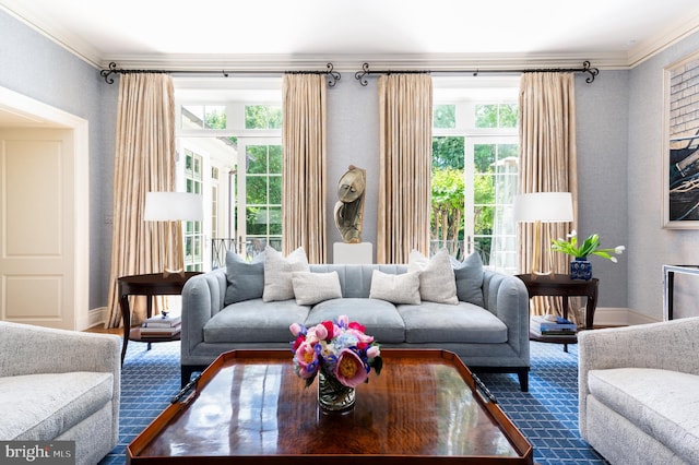 living room with crown molding