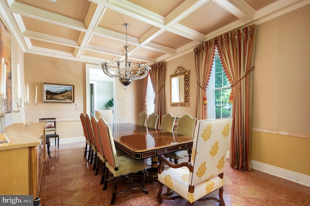 dining area with ornamental molding, beamed ceiling, coffered ceiling, and a chandelier