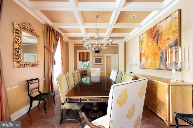 dining area with coffered ceiling, crown molding, beam ceiling, and an inviting chandelier