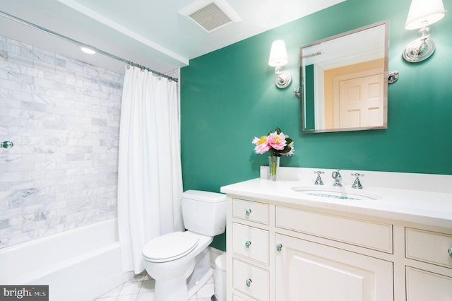 full bathroom with vanity, tile patterned flooring, toilet, and shower / bath combo