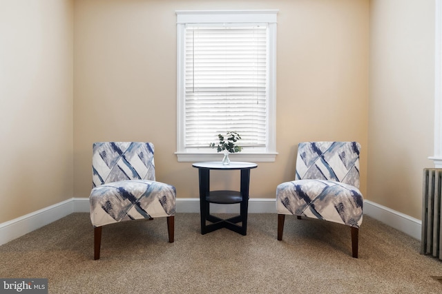 sitting room featuring carpet flooring and radiator