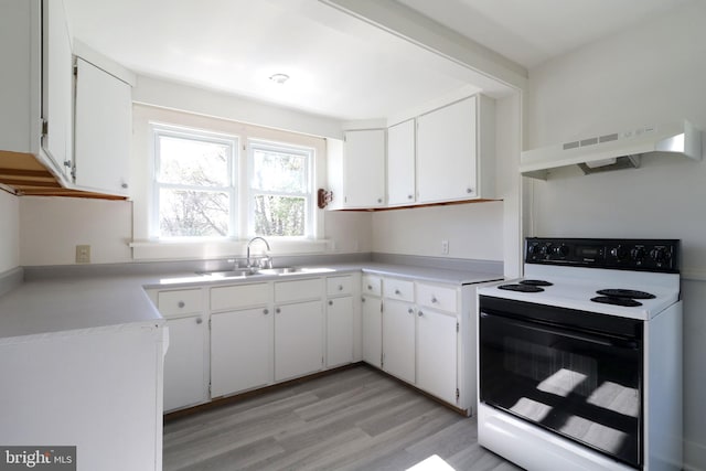 kitchen featuring sink, white range with electric cooktop, light hardwood / wood-style floors, white cabinetry, and range hood