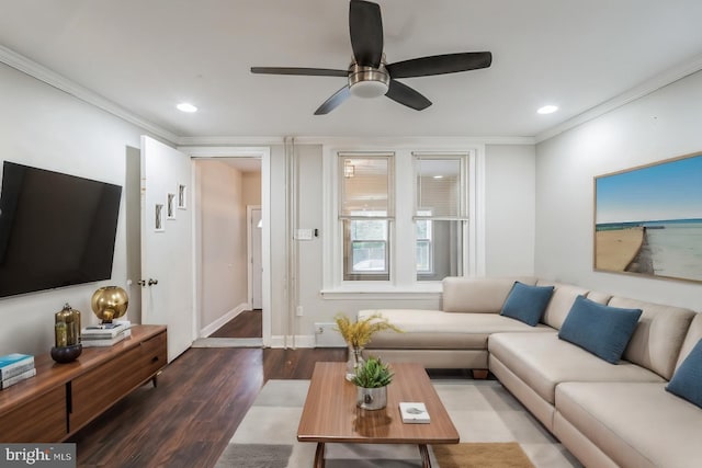 1715 N Felton St, Philadelphia, PA 19151 - living area featuring crown molding, wood finished floors, a ceiling fan, and recessed lighting