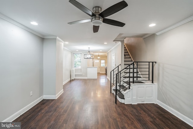 interior space featuring ceiling fan with notable chandelier, crown molding, dark wood-type flooring, and radiator heating unit