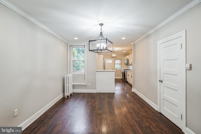 1715 N Felton St, Philadelphia, PA 19151 - unfurnished dining area with radiator, an inviting chandelier, ornamental molding, dark wood-style flooring, and baseboards