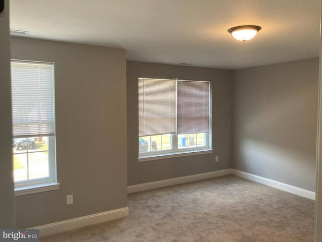 spare room featuring plenty of natural light and light colored carpet