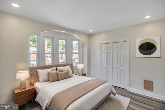 bedroom featuring dark wood-type flooring and a closet