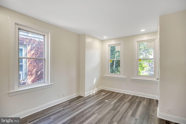 empty room featuring a healthy amount of sunlight and dark hardwood / wood-style floors