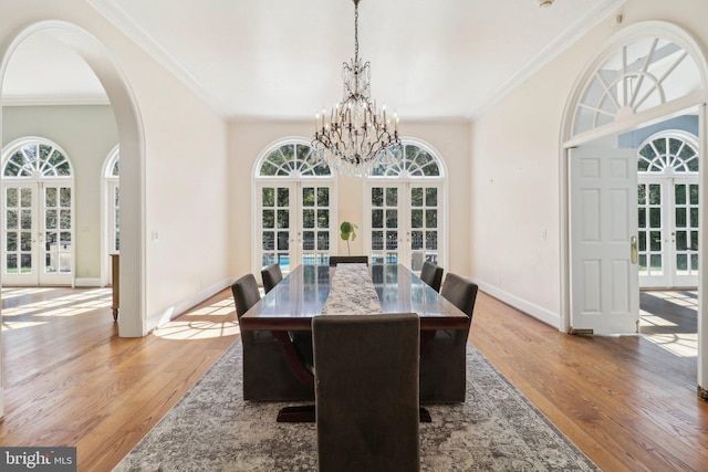 dining room with hardwood / wood-style floors, a wealth of natural light, and french doors