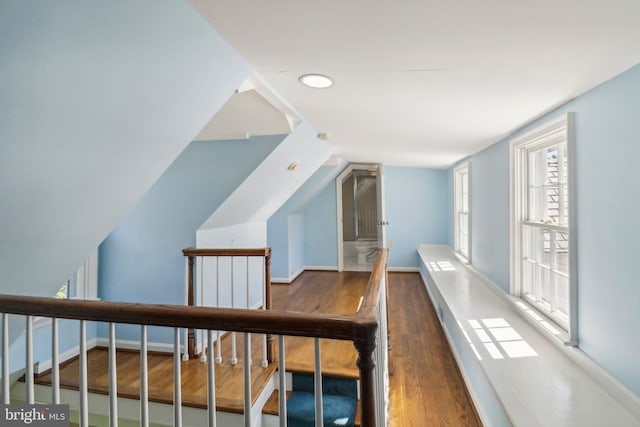 corridor featuring lofted ceiling and dark hardwood / wood-style floors