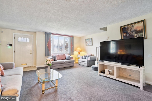 living room with a textured ceiling and carpet flooring