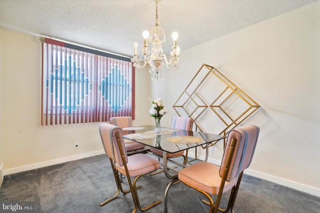 carpeted dining area with a textured ceiling and an inviting chandelier