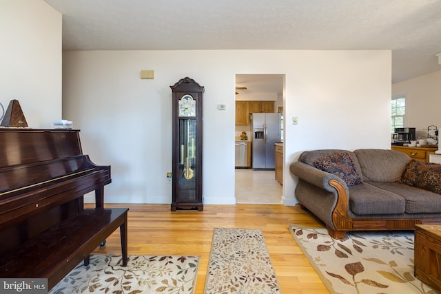 living room featuring light wood-type flooring and a textured ceiling