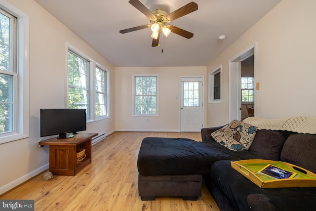 living room featuring ceiling fan, a baseboard radiator, and light wood-type flooring