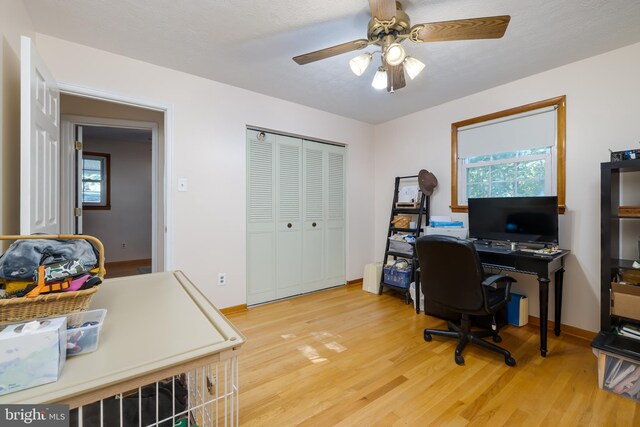 home office featuring a healthy amount of sunlight, ceiling fan, and wood-type flooring