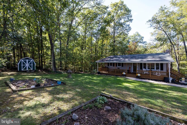 view of yard with a wooden deck and a storage unit