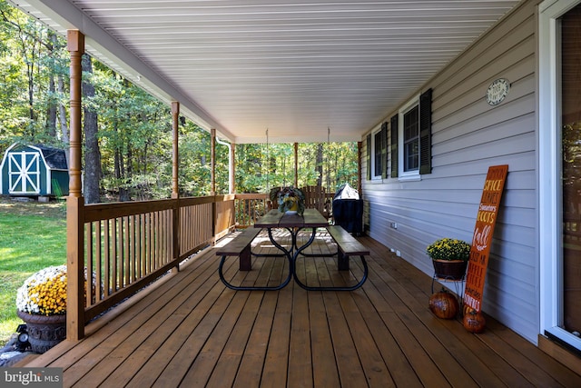 deck with a shed