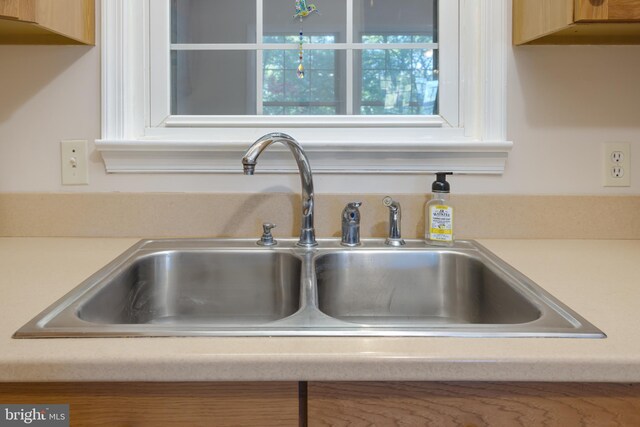 room details with light brown cabinets and sink