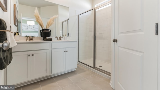 bathroom featuring walk in shower, vanity, and tile patterned floors