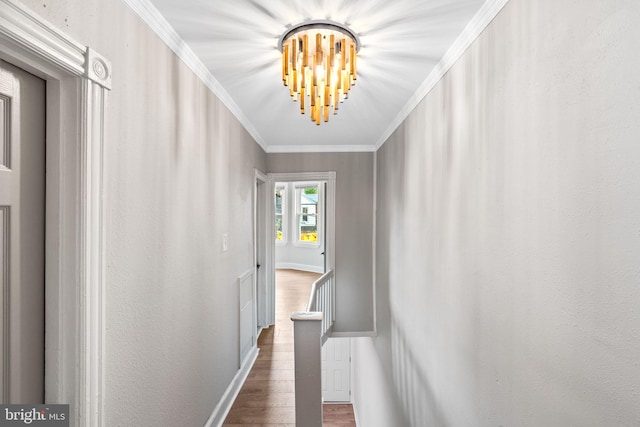 corridor with ornamental molding, dark wood-type flooring, and an inviting chandelier