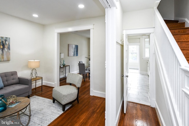 living room with dark hardwood / wood-style flooring