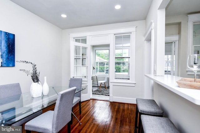 dining space featuring dark wood-type flooring