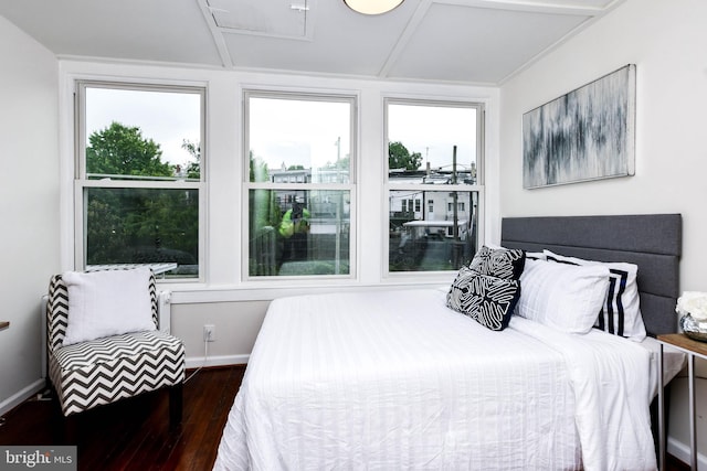 bedroom featuring dark wood-type flooring and multiple windows