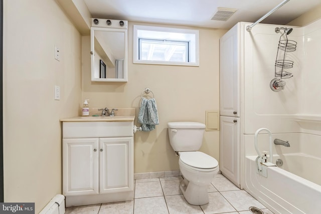 full bathroom featuring toilet, tile patterned flooring, baseboard heating, vanity, and bathing tub / shower combination