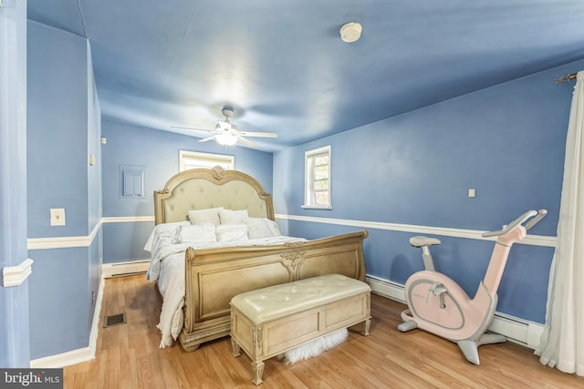 bedroom with light hardwood / wood-style floors, ceiling fan, and a baseboard heating unit